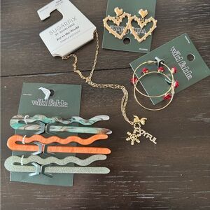 Wild Fable Gold Necklace & Earrings with Orange and Green Hair Clips and